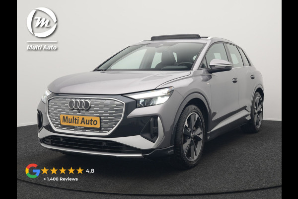 Audi Q4 e-tron 50 quattro S Line 77 kWh 299pk Dealer O.H. INCL BTW | Panodak | Lederen Sportstoelen Verwarmd | Keyless | Navigatie | Cruise Control | Virtual | DAB | Taifungrau Metallic |