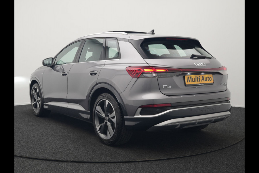 Audi Q4 e-tron 50 quattro S Line 77 kWh 299pk Dealer O.H. INCL BTW | Panodak | Lederen Sportstoelen Verwarmd | Keyless | Navigatie | Cruise Control | Virtual | DAB | Taifungrau Metallic |