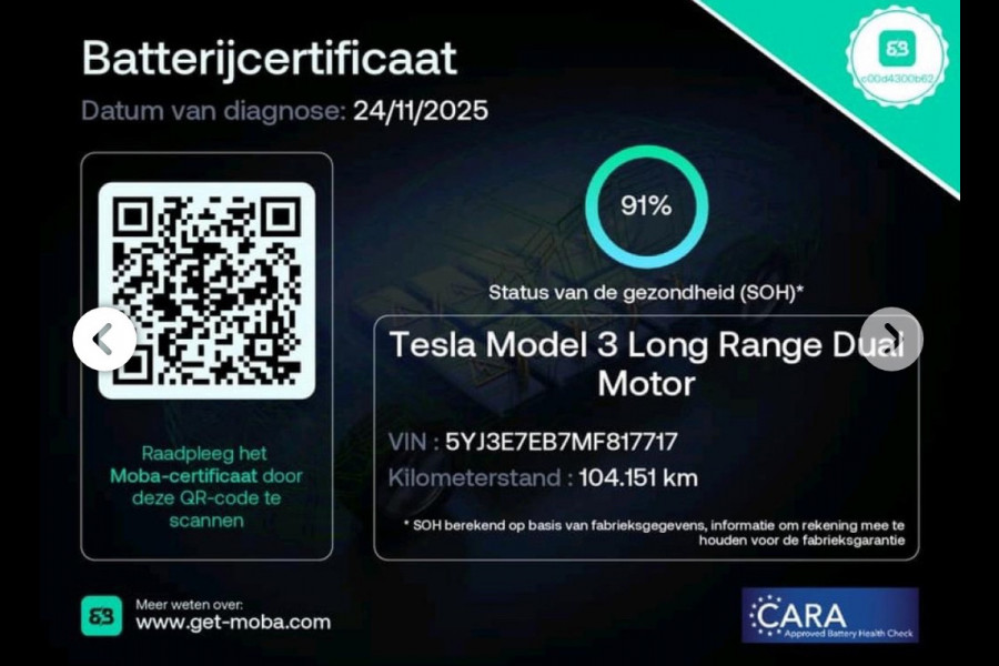 Tesla Model 3 Long Range AWD 75 kWh 91% SOH Dual Motor Autopilot