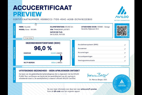 Hyundai Kona EV Comfort 64 kWh | SOH: 96% | 3 fase | occasion