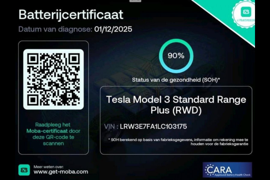 Tesla Model 3 Standard RWD Plus 60 kWh 90% SOH Autopilot