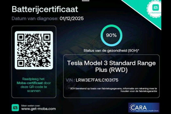 Tesla Model 3 Standard RWD Plus 60 kWh 90% SOH Autopilot