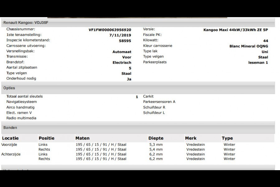 Renault Kangoo Z.E. 100% EV. 44KW / 33KWh./ 5Pers./ Maxi-L2 / 2x Schuifdeur / Navigatie / Pdc+Camera / Apk 10-2026