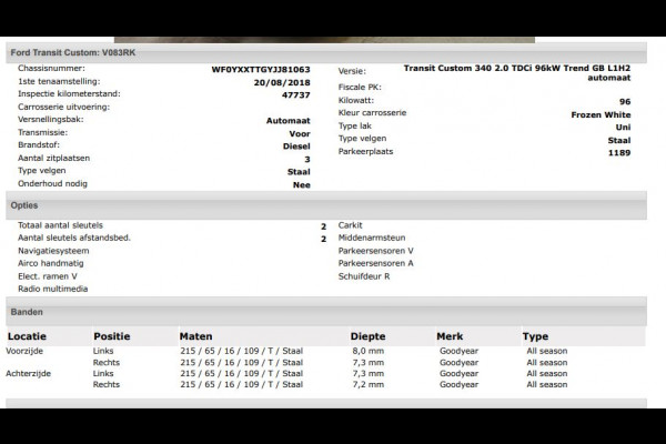 Ford Transit Custom 340 2.0 TDCI Automaat Euro6 131PK H2 Trend 3Pers. *ideaal voor Camper* Navigatie / Pdc./ Airco / Safety&Comfort pack / Driver assist / Stoelverwarming / Distributie vv.bij 36.126 KM / / Apk 11-2026