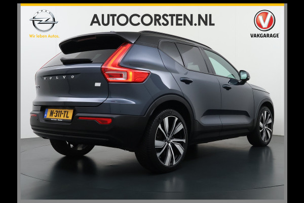 Volvo XC40 232pk *gereserveerd* Recharge Pro 70KwH Pano-Dak SOH 95% Adaptive-Cruise 20" Elektr.-Leer/Alcantara+Verwarmd+Memory Warmtepomp H Led Elek.Achterklep Keyless Full Led Origineel NLse auto! € 54.000,- nieuw. 1e Eigenaar Origineel Nederlandse Auto Dealeronderhouden 1.500KG -Trekvermogen