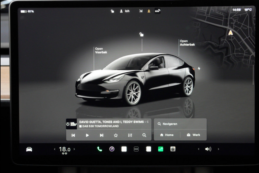 Tesla Model 3 RWD Autopilot ACC Stuurverwarm. PDC Leer Navi Panoramadak 360° Elektr. achterklep Stoelverwarming voor & achter Climate voor & achter LM velgen BTW auto! Nieuw!