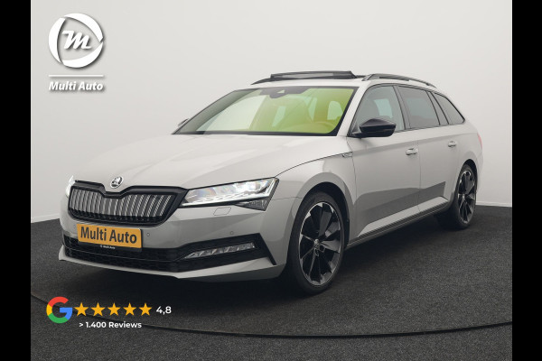 Škoda Superb Combi 1.4 TSI iV Sportline Plug In Hybrid 218pk Dealer O.H PHEV | Panodak | Crystal LED | Adaptive Cruise | Alcantara Sportstoelen Memory & Verwarmd | Camera | Apple Carplay | Sfeerverlichting | Navigatie | Virtual | DAB | 19" L.M |