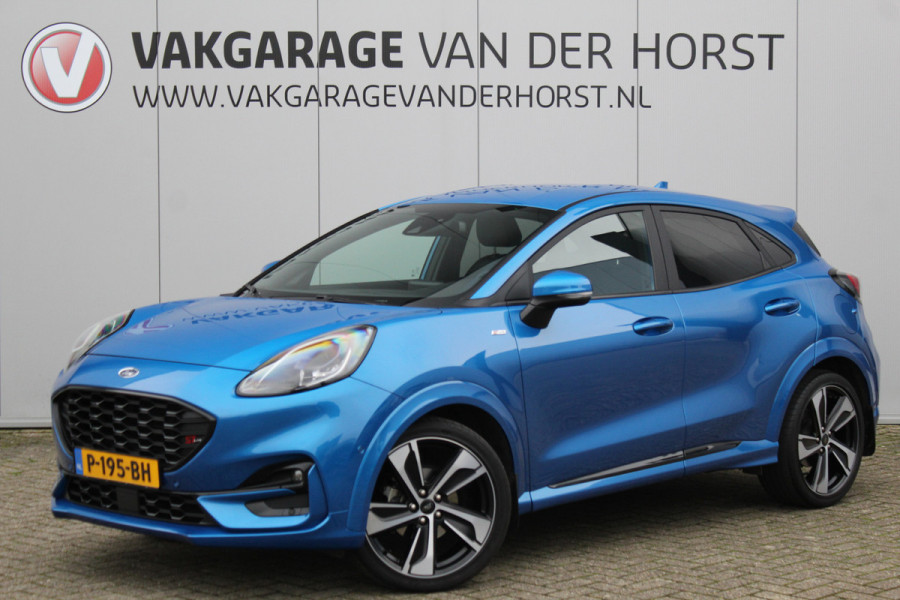 Ford Puma 1.0-155pk EcoBoost Hybrid ST-Line X. Erg mooi, nette, luxe en sportieve Ford Puma ! Autm. airco, stoel-, stuur- en voorraamverw., camera, elektr. achterkl., trekhaak+afneemb. kogel, B&O soundsyst., lane- en side assist, adapt. cruise cntrl, LED verl. etc.