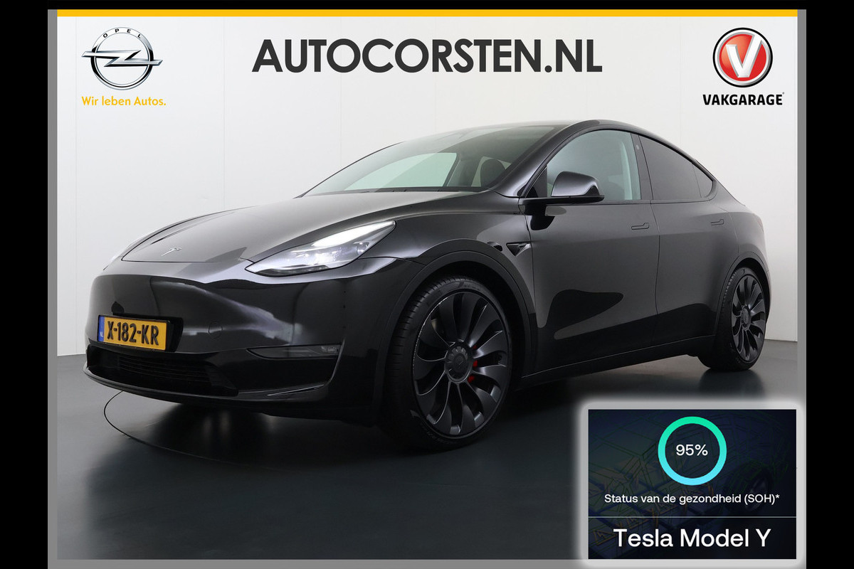 Tesla Model Y Performance 535pk AWD 75kWh SOH 95% Warmtepomp Panoramadak Navi Ecc Leder Lmv 21" Keyless Led Elek.Achterklep Memory Stoel+Stuurverwarming AMD-Ryzen­™-Processor 1e Eigenaar Origineel Nederlandse Auto Fabrieksgarantie tot 14-12-2027 Batterij en Motorgarantie tot 14-12-2031/192.000km