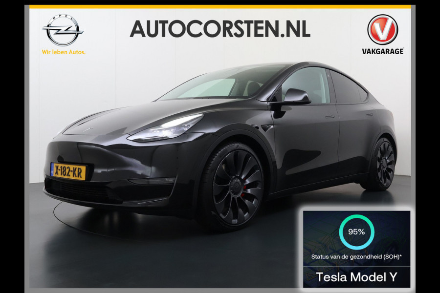 Tesla Model Y Performance 535pk AWD 75kWh SOH 95% Warmtepomp Panoramadak Navi Ecc Leder Lmv 21" Keyless Led Elek.Achterklep Memory Stoel+Stuurverwarming AMD-Ryzen­™-Processor 1e Eigenaar Origineel Nederlandse Auto Fabrieksgarantie tot 14-12-2027 Batterij en Motorgarantie tot 14-12-2031/192.000km