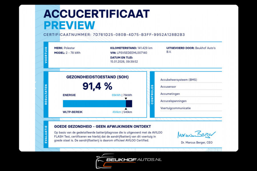 Polestar 2 Long Range Dual Motor Performance 78kWh Soh91%