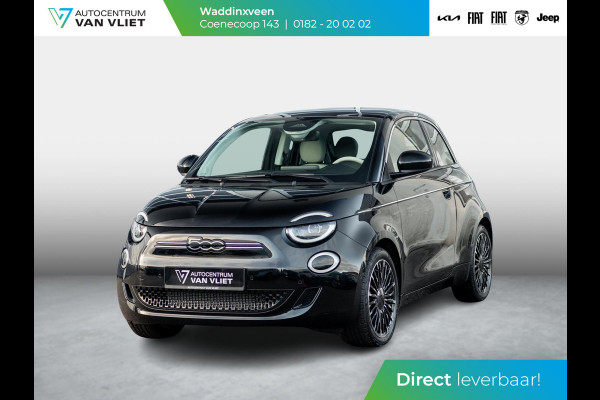 Fiat 500E 3+1 La Prima 42 kWh | 17% Bijtelling | Clima | Cruise | Leder | 17" | Priv Glass | Winter Pack | JBL Sound | BSM | Apple Carplay