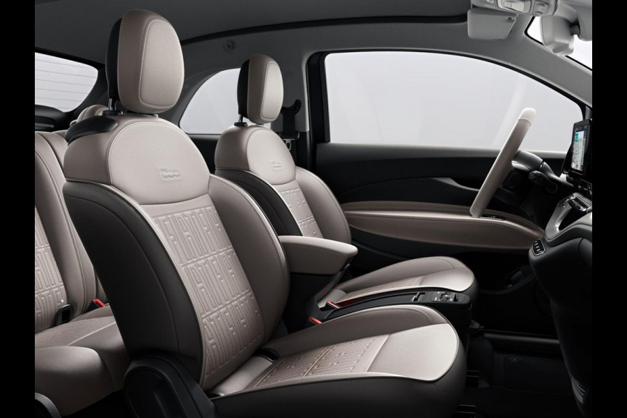 Fiat 500E Cabrio La Prima 42 kWh | 17% Bijtelling | Clima | Cruise | Leder | 17" | Priv Glass | Winter Pack | JBL Sound | BSM | Apple Carplay