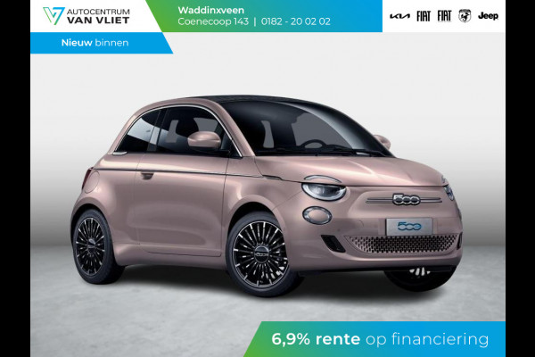 Fiat 500E Cabrio La Prima 42 kWh | 17% Bijtelling | Clima | Cruise | Leder | 17" | Priv Glass | Winter Pack | JBL Sound | BSM | Apple Carplay