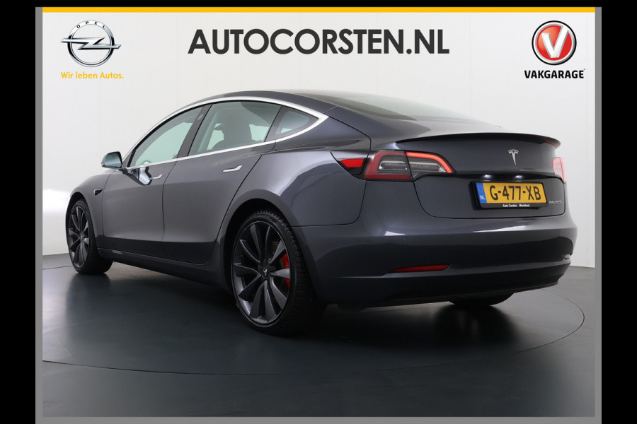 Tesla Model 3 Performance 513pk 0-100 3,4sec AWD Lmv 20" AutoPilot Rode Remklauwen Carbon Spoiler Panoramadak Adaptive Cruise Camera's Leer Pd Elektr.-A-Klep+Stuur+Verst.Stoel+Geheugen Easy Entry Stoel+Bank-Verwarmd Keyless WiFi  75kWh 4WD 1e Eigenaar Origineel Nederlandse Auto Nieuwprijs € 65.680 SOH 83%