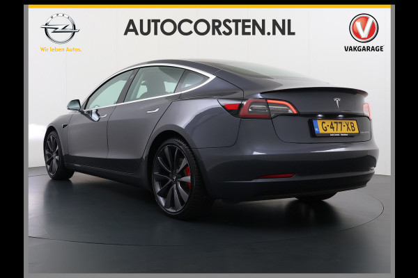 Tesla Model 3 Performance 513pk 0-100 3,4sec AWD Lmv 20" AutoPilot Rode Remklauwen Carbon Spoiler Panoramadak Adaptive Cruise Camera's Leer Pd Elektr.-A-Klep+Stuur+Verst.Stoel+Geheugen Easy Entry Stoel+Bank-Verwarmd Keyless WiFi  75kWh 4WD 1e Eigenaar Origineel Nederlandse Auto Nieuwprijs € 65.680 SOH 83%