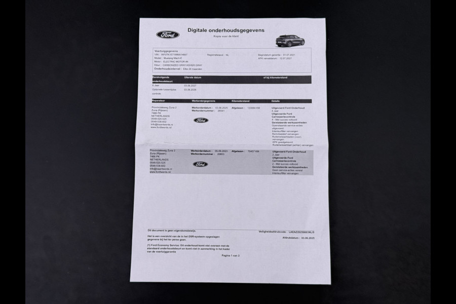 Ford Mustang Mach-E Extended RWD 98 kWh SOH 94% 294pk Pano-Dak Leer+8-weg-Elektr+Verwarmd+Geheugen 360-Camera Bang&Olufsen-HiFi Elektr.Achter Keyless Smartphone-key Dual-Ecc Ford-pass-Connect/Entry Speed-Assist Active-Breaking Blind-Spot-warning Driver-Alerd AB+  LMv LED-Lamp-v+a € 59.000 nieuw Orig.Nederlandse Auto 1e Eigenaar WLTP 610km