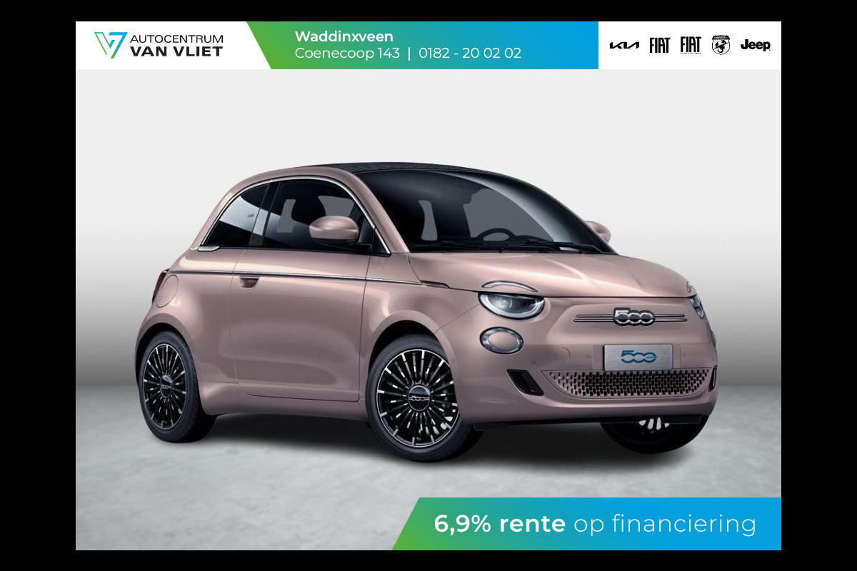 Fiat 500E Cabrio La Prima 42 kWh | 17% Bijtelling | Clima | Cruise | Leder | 17" | Priv Glass | Winter Pack | JBL Sound | BSM | Apple Carplay