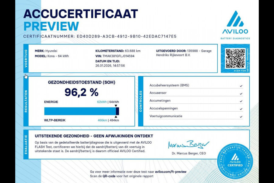 Hyundai Kona EV Fashion 64 kWh | SOH: 96,2% | 3 Fase | warmtepomp | Black Edition LM |  HUD | Blindspot | Climate | Navi |