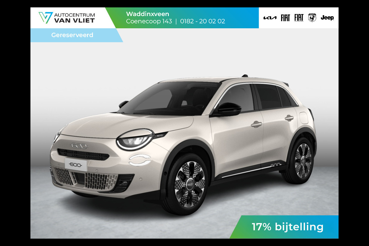 Fiat 600E La Prima 54 kWh | 17% Bijtelling | Carplay | Elek. Stoel | Stoelverwarming | Keyless | LED | Clima