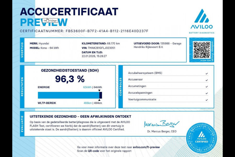 Hyundai Kona EV Comfort 64 kWh | SOH: 96,3% | Trekhaak |  3 Fase | warmtepomp | Navi | Camera | Climate |