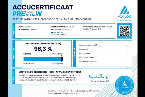 Hyundai Kona EV Comfort 64 kWh | SOH: 96,3% | Trekhaak |  3 Fase | warmtepomp | Navi | Camera | Climate |