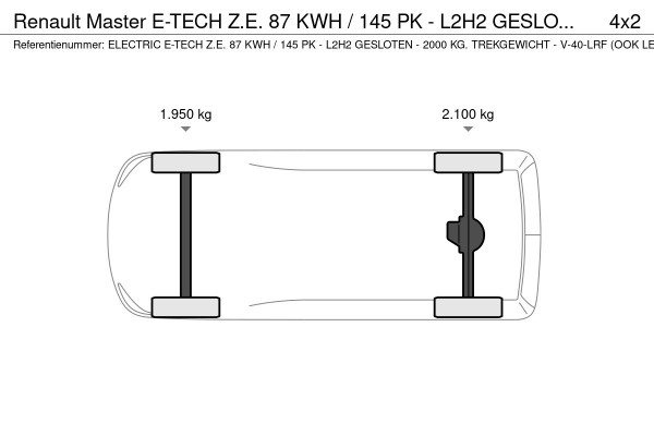Renault Master E-TECH Z.E. 87 KWH / 145 PK - L2H2 GESLOTEN - 2000 KG. TREKGEWICHT - V-40-LRF