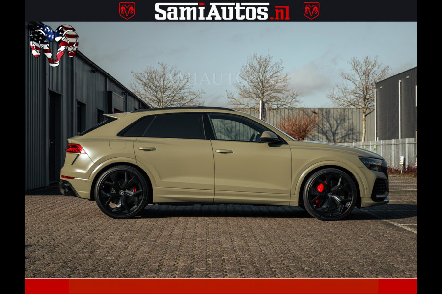 Audi RS Q8 RSQ8 600PK 4.0 TFSI | MATT OLIVE GREEN | QUATTRO | MEGA VOLLE RSQ8 | BANG & OLUFSEN | HUD | 4 WIELBESTURING | 23 INCH AUDI SPORT WHEELS | RS BEKLEDING ZWART | PANO | SOFTCLOSE | De Lamborghini Urus en Audi RS Q8 zijn beide supersnelle SUV's met dezelfde basis (4.0L V8 twin-turbo motor van de VW Group)