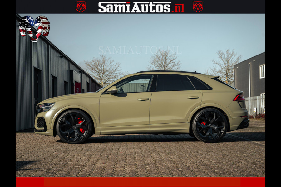 Audi RS Q8 RSQ8 600PK 4.0 TFSI | MATT OLIVE GREEN | QUATTRO | MEGA VOLLE RSQ8 | BANG & OLUFSEN | HUD | 4 WIELBESTURING | 23 INCH AUDI SPORT WHEELS | RS BEKLEDING ZWART | PANO | SOFTCLOSE | De Lamborghini Urus en Audi RS Q8 zijn beide supersnelle SUV's met dezelfde basis (4.0L V8 twin-turbo motor van de VW Group)