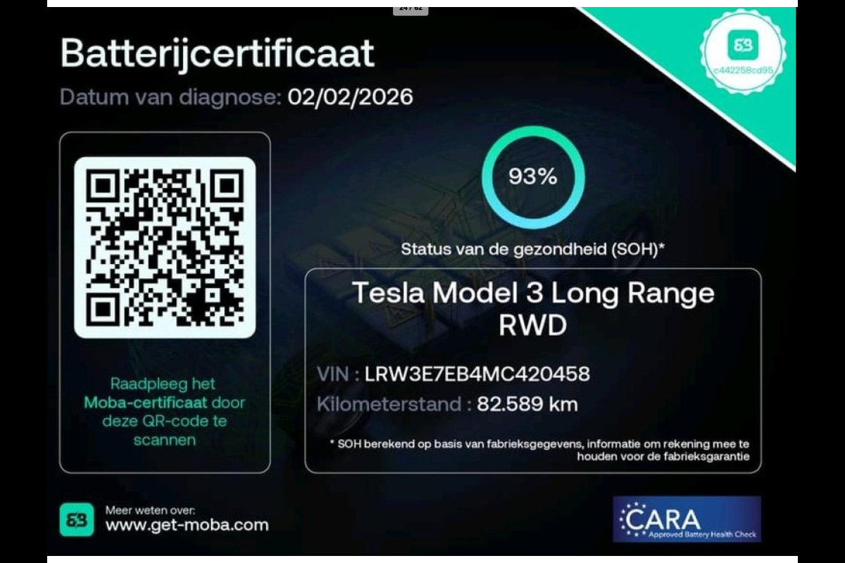 Tesla Model 3 Long Range AWD 75 kWh 93% SOH LFP