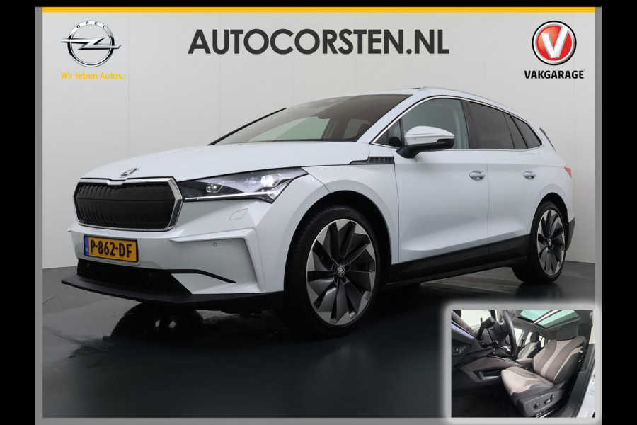 Škoda ENYAQ iV 80 First Edition HighLuxus Soh92% Pano-Dak Elektr.Trekhaak *BOMVOL € 63.000 nieuw!* 21"lm Full-Led 360-Camera Adaptive-Cruise Na Warmtepomp Adaptief onderstel+Dynamisch-onderstel/Stuur Airco-autom 3-zones E-call Chroom-Dakrail Head-Up-Display Smartlink Edition High 1.000kg trekvermogen