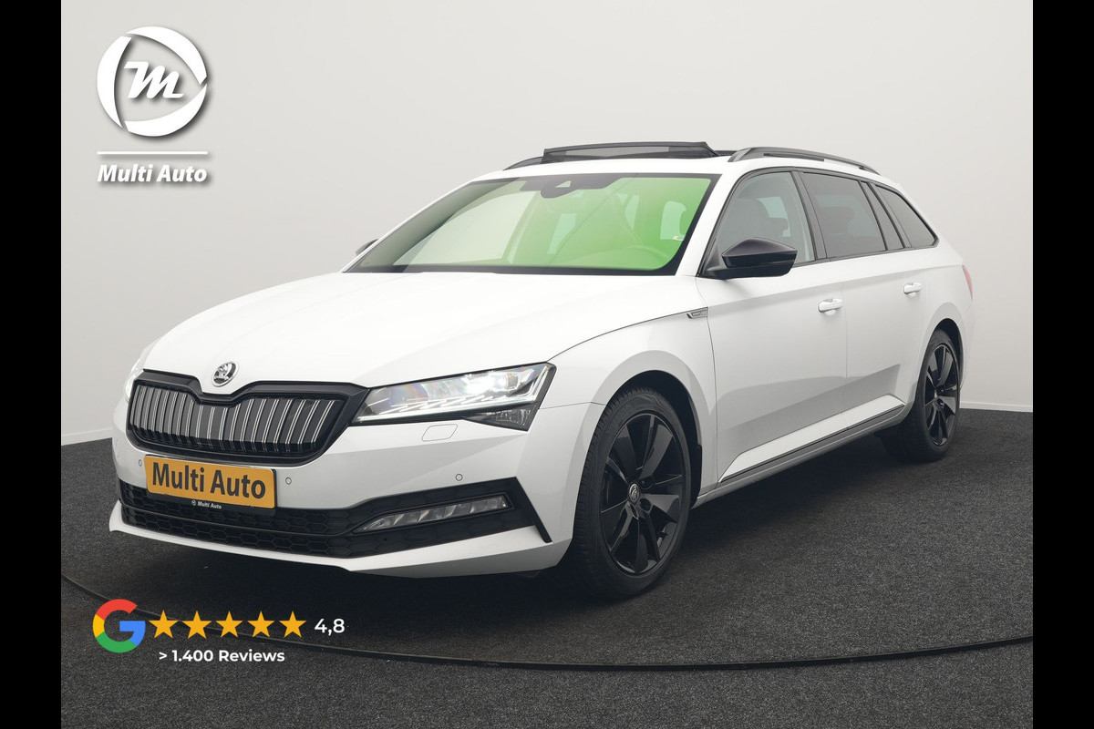 Škoda Superb Combi 1.4 TSI iV Sportline Business Plug In Hybrid 218pk PHEV | Panodak | Adaptive Cruise | Camera | Canton Audio | Alcantara Sportstoelen Memory & Verwarmd | Sfeerverlichting | Apple Carplay | Crystal LED | Stuur Verwarmd | Navigatie | DAB |