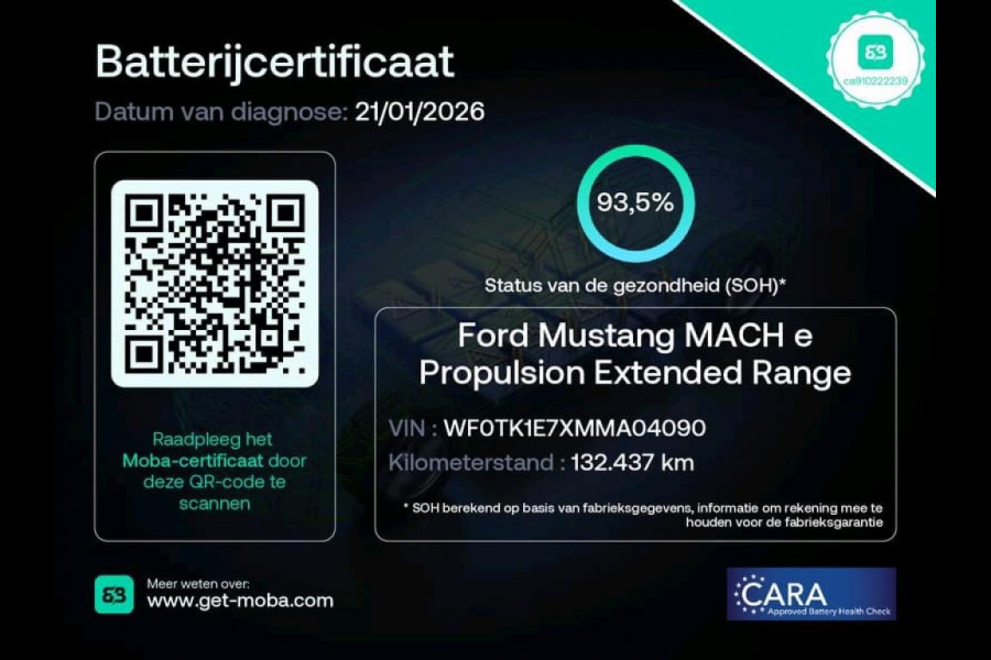 Ford Mustang Mach-E Extended RWD 98 kWh|93,5% SOH|GROTE ACCU|AFN.TREKH.|LEDER|B&O|CAMERA|CARPLAY|STOEL+STUURVERW|NAP|NL|INCL. BTW|