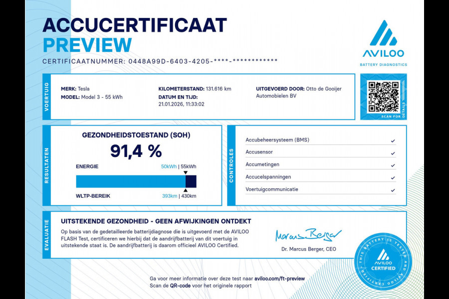 Tesla Model 3 Standard RWD Plus 60 kWh / SoH 91,4% / Autopilot / Panoramadak / Camera / Audio / 18'' / Leder