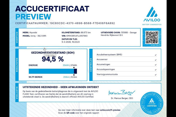 Hyundai IONIQ Comfort EV 38 kWh | SOH: 94,5% | 311km WLTP | Adaptive CC | Full LED | Navi |