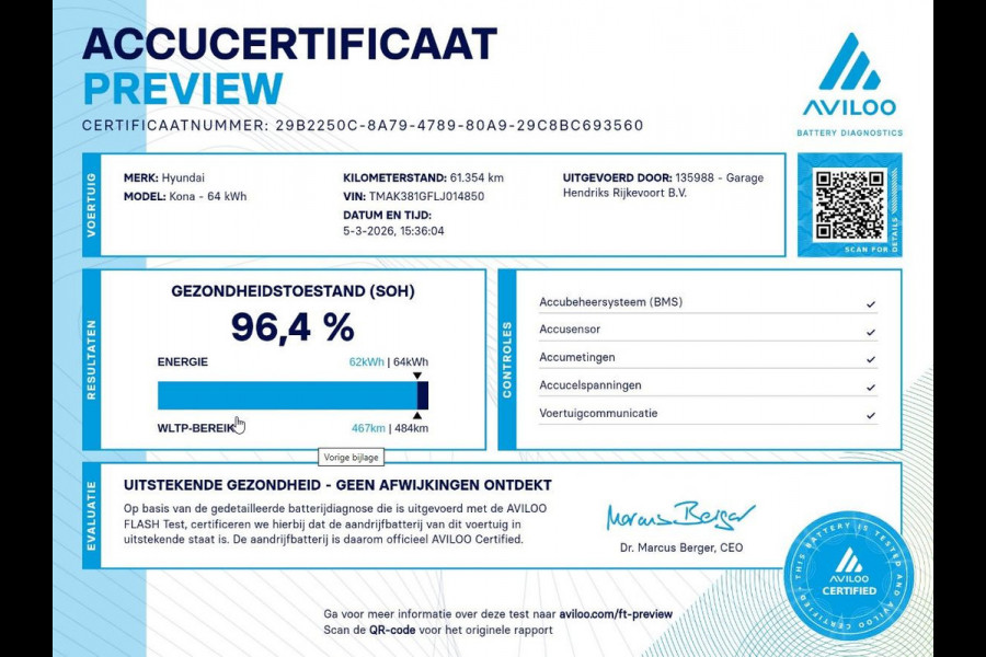 Hyundai Kona EV Fashion 64 kWh | SOH: 96,4% | 3 Fase | Warmtepomp | HUD | Navi | Adaptive CC | Blindspot |