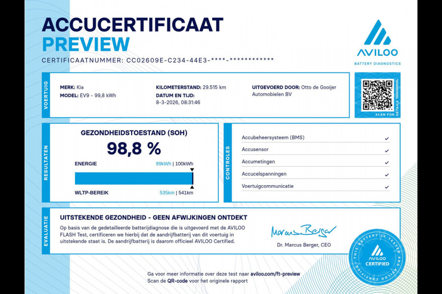 Kia EV9 Launch Edition 99.8 kWh / SoH 98,8% / 360Camera / Head-up / Leder / Keyless / Sfeerverlichting / 19'' / Warmtepomp / Stoelventilatie+Verwarming 4x / Dodehoek / Stoelverwarming / Dodehoek / DAB / ACC