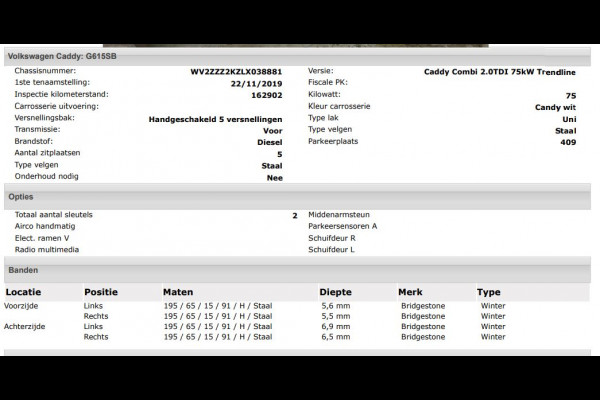 Volkswagen Caddy 2.0 TDI 5Pers. Euro6 Trendline / 2xSchuifdeur / Airco / Pdc. / Radio multimedia / Apk 01-2027