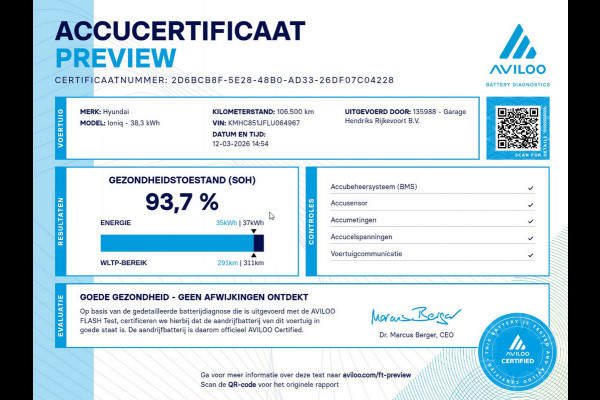 Hyundai IONIQ Comfort EV 38 kWh | SOH: 93,7% | 311km WLTP | Adaptive CC | Full LED | Navi |