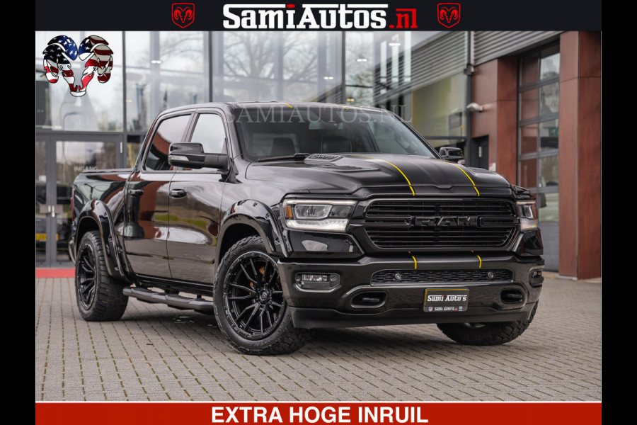 Dodge Ram 1500 HULK | 5.7 V8 | STRIPING | LUCHT VERING | LARAMIE SPORT BLACK ON BLACK | MEGA DIK | CREW CAB DUBBELE CABINE | 5 PERSOONS | DC | DIKKE WILEN | WIDE BODY |