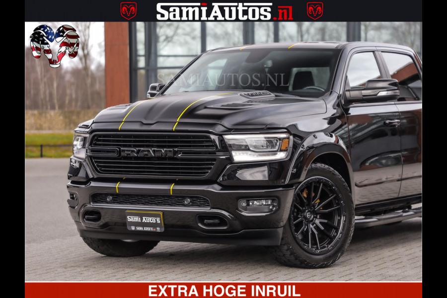 Dodge Ram 1500 HULK | 5.7 V8 | STRIPING | LUCHT VERING | LARAMIE SPORT BLACK ON BLACK | MEGA DIK | CREW CAB DUBBELE CABINE | 5 PERSOONS | DC | DIKKE WILEN | WIDE BODY |
