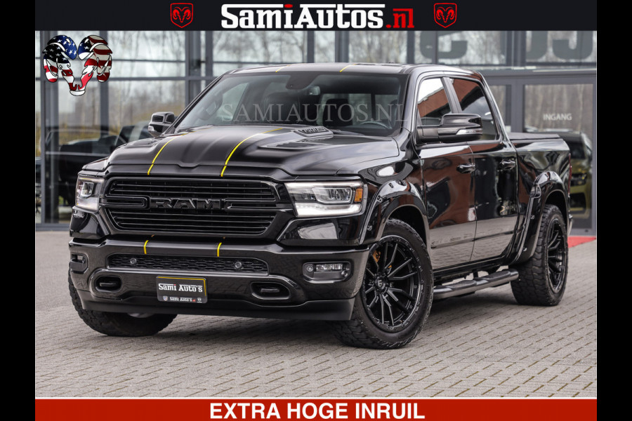 Dodge Ram 1500 HULK | 5.7 V8 | STRIPING | LUCHT VERING | LARAMIE SPORT BLACK ON BLACK | MEGA DIK | CREW CAB DUBBELE CABINE | 5 PERSOONS | DC | DIKKE WILEN | WIDE BODY |
