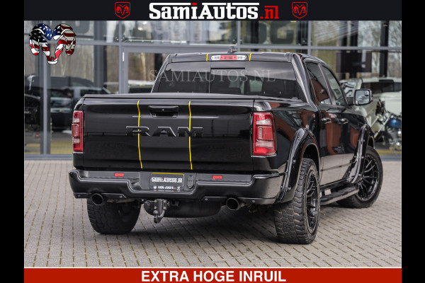 Dodge Ram 1500 HULK | 5.7 V8 | STRIPING | LUCHT VERING | LARAMIE SPORT BLACK ON BLACK | MEGA DIK | CREW CAB DUBBELE CABINE | 5 PERSOONS | DC | DIKKE WILEN | WIDE BODY |