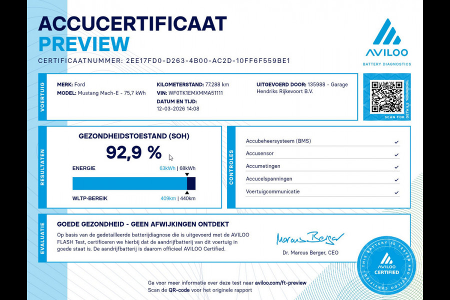 Ford Mustang Mach-E RWD 75 kWh | SOH: 92,9% | Technology Pack | Leder | B&O |