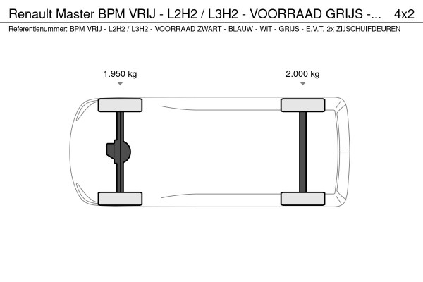 Renault Master BPM VRIJ - L2H2 / L3H2 - VOORRAAD GRIJS - BLAUW - ZWART - WIT - E.V.T. 2x ZIJSCHUIFDEUREN - INFORMEER NAAR DE MOGELIJKHEDEN