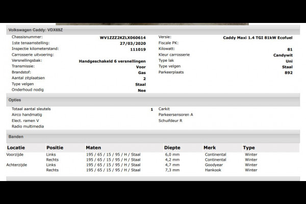 Volkswagen Caddy 1.4 TGI L2H1 Maxi CNG aardgas / Benz./ Comfortline Airco / Pdc. / Re.Schuifdeur / zeer milieu vriendelijk . / Apk 05-2026