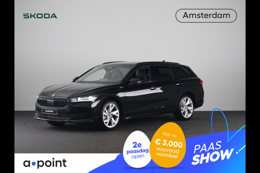 Škoda Superb Combi Sportline Business PHEV 1.5 TSI 204 pk 6 versn. DSG | Panoramadak, elektrisch bedienbaar | Trekhaak, wegklapbaar | Travel Assist Plus Sportline | Dynamic Chassis Control Pakket | CANTON Soundsystem | Lichtmetalen velgen 19 inch Aniara Aero zilver