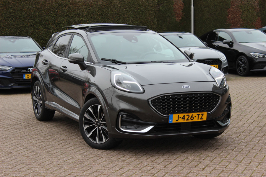 Ford Puma 1.0 EcoBoost Hybrid ST-Line X Vignale 155pk / NL Auto! / Full option! / Trekhaak / Panoramadak / Camera / Leder / CarPlay / B&O / 18'' / Keyless / Stuur+Stoelverwarming / Dodehoek / DAB / Verwarmde voorruit / ACC