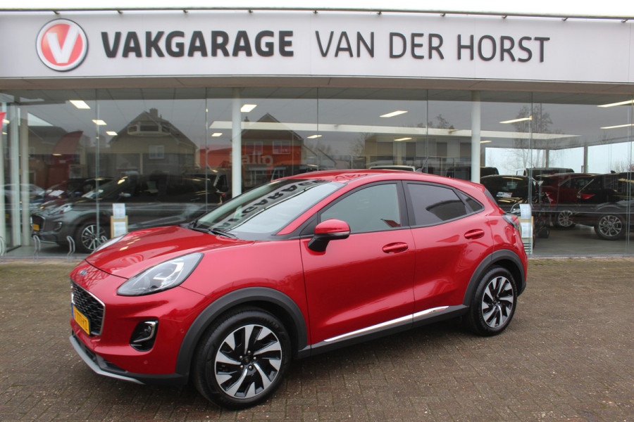 Ford Puma 1.0-125pk EcoBoost Mild-Hybrid Titanium. Fabrieksgarantie t/m 09-05-2027 ! Volautm. airco, stoel-, stuur- en voorraamverwarming, trekhaak, privacy glass, adaptive cruise cntrl, dodehoek assistent, camera, pdc v+a, rij-assistent pakket, winterpakket, metallic lak etc