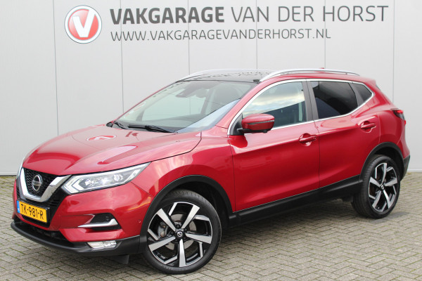 Nissan QASHQAI 1.2-115pk Tekna. Erg nette, luxe en betrouwbare hoogzitter ! Autm. airco, cruise control, 360gr camera, trekhaak, privacy glass, LM wielen, panoramadak, metallic lak, elektr. verstelb. best. stoel,  telefoonvoorb., navigatie, LED verlichting etc.
